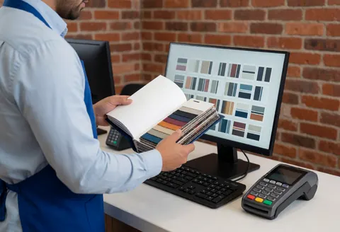 Un employé en tablier bleu examine un livre d'échantillons de tissus devant un moniteur affichant des motifs, près d'un terminal de paiement sur un comptoir avec mur en briques rouges.
