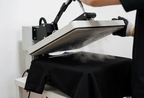 Une machine de transfert thermique applique un design sur un t-shirt noir avec de la vapeur visible. Une personne porte des gants pour guider le processus.