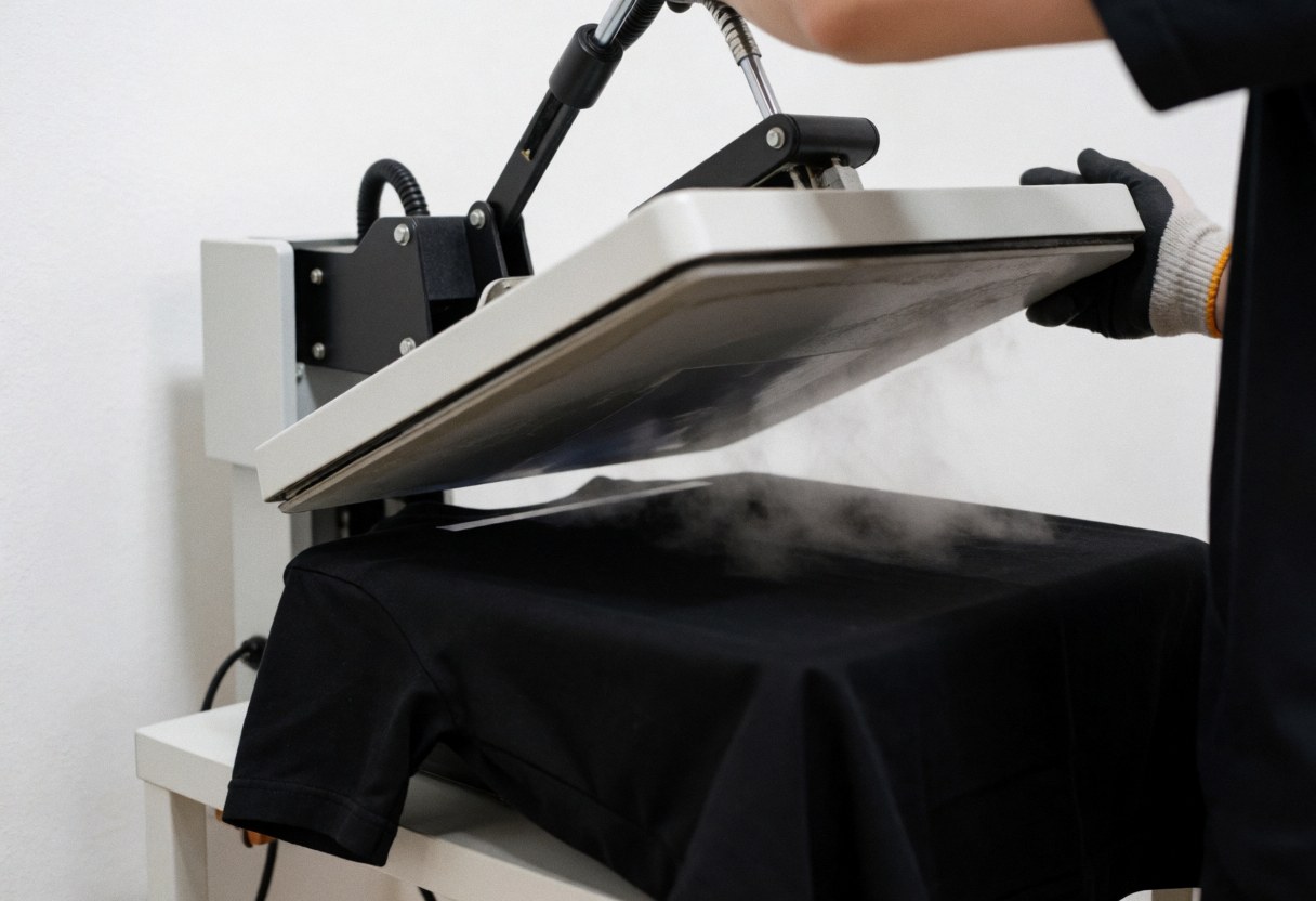 Une machine de transfert thermique applique un design sur un t-shirt noir avec de la vapeur visible. Une personne porte des gants pour guider le processus.