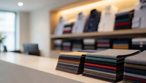 Arrière-plan professionnel flou montrant un accueil avec des échantillons de tissu et des chemises sur des étagères, éclairage chaleureux.