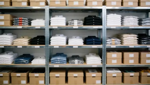 Armoires métalliques, chemises blanches et noires, cartons et fournitures pour impression textile sur fond neutre.