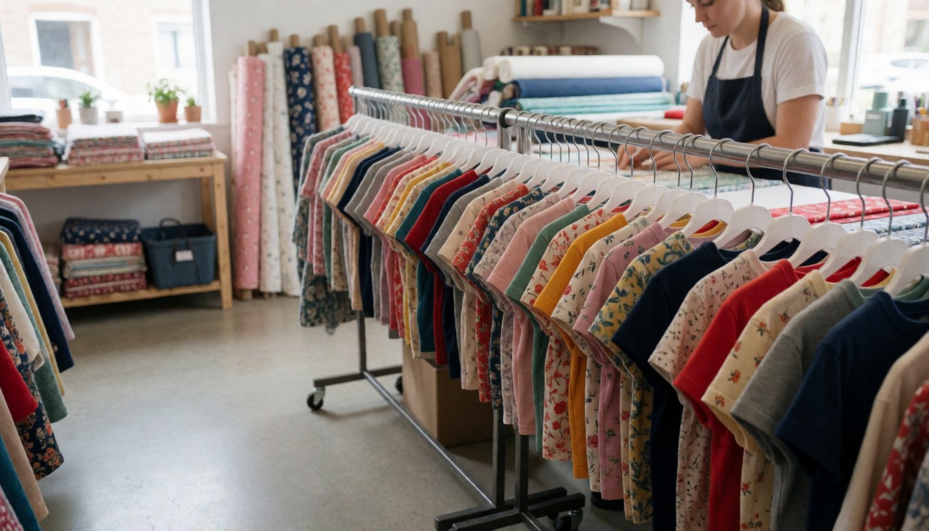 Vêtements pour animaux suspendus sur un présentoir en magasin de textiles, avec des rouleaux de tissu et des outils d'impression en arrière-plan éclairés par la lumière naturelle.