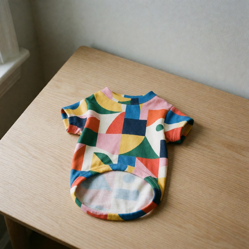T-shirt pour chien avec un imprimé géométrique coloré posé sur une table en bois clair sous un éclairage naturel, fond mur gris clair.