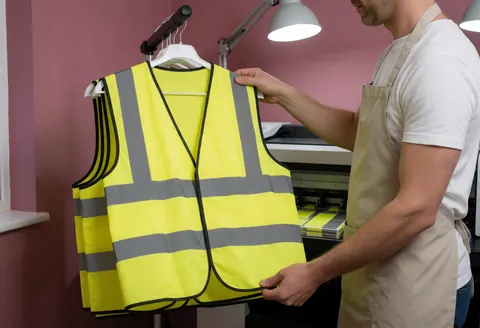 Un professionnel dans un atelier d'impression textile inspecte un gilet jaune à bandes grises suspendu sur un support sous éclairage industriel.