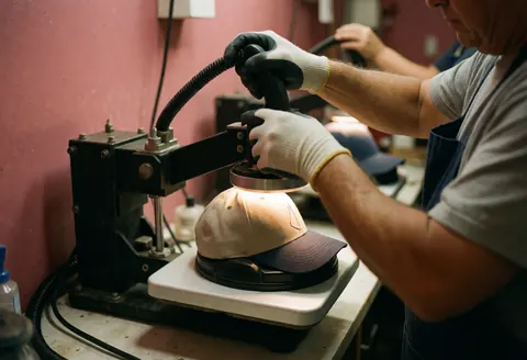 Mains gantées effectuant un travail d'impression textile sur une casquette à l'aide d'une presse thermique, devant un mur rose.