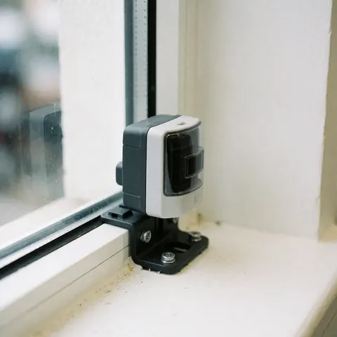 Capteur d'alarme en verre installé sur le rebord d'une fenêtre avec un montage noir et un boîtier gris sur fond de verre flou.