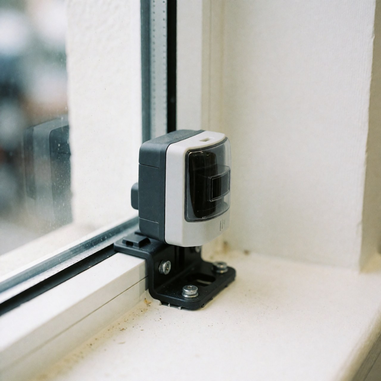 Capteur d'alarme en verre installé sur le rebord d'une fenêtre avec un montage noir et un boîtier gris sur fond de verre flou.