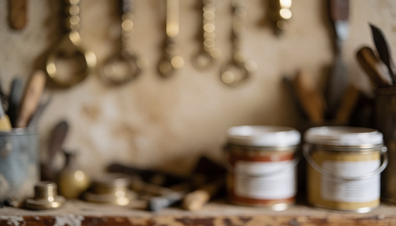 Fond d'atelier de restauration de meubles avec des outils en bronze suspendus et des pots de mastic au premier plan, éclairage doux et chaleureux.