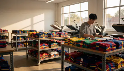 Un jeune homme organise des t-shirts sportifs colorés sur des tables métalliques dans un studio d'impression textile, avec des machines en arrière-plan et une lumière naturelle par les fenêtres.
