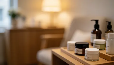 Fond chaud et flou d'un salon de beauté avec des produits de soin du visage au premier plan sur une table en bois, chaise et étagère en arrière-plan.