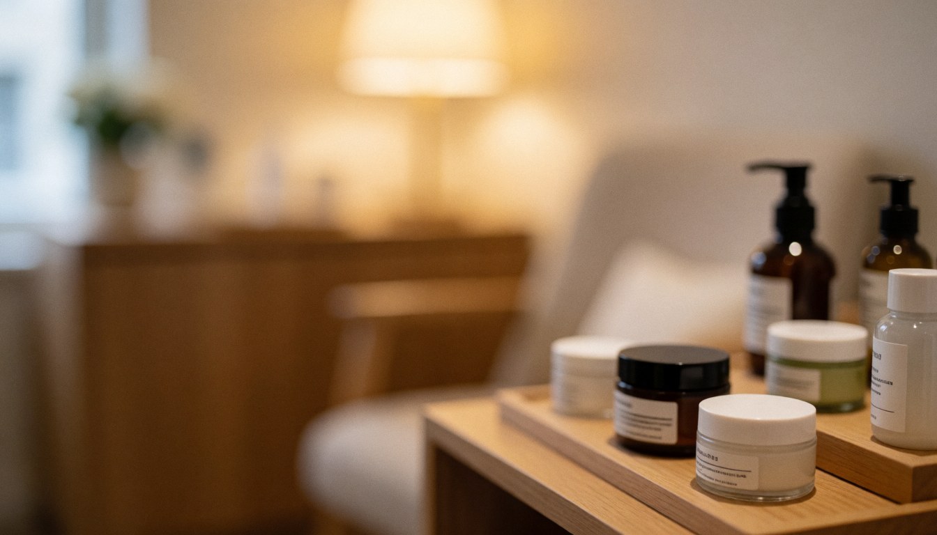 Fond chaud et flou d'un salon de beauté avec des produits de soin du visage au premier plan sur une table en bois, chaise et étagère en arrière-plan.