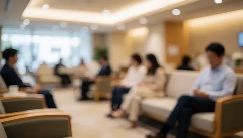 Fond flou d'une salle d'attente avec des sièges confortables et une lumière douce, adapté pour le texte sur les soins aux personnes âgées et le soutien familial.