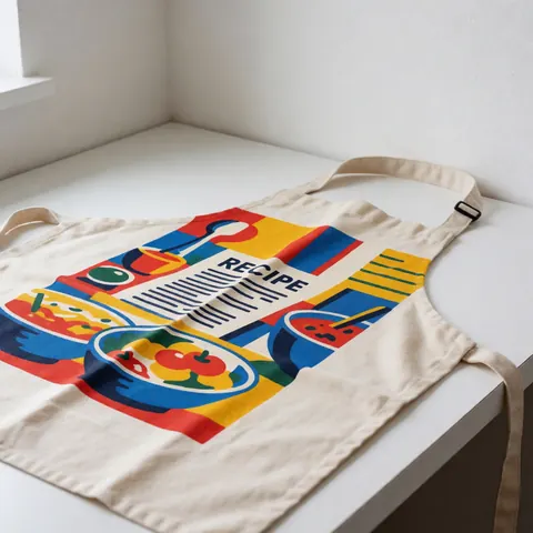 Tablier en coton beige avec imprimé coloré de recettes posé sur une table blanche sous éclairage naturel, idéal pour blogs et boutiques textiles.
