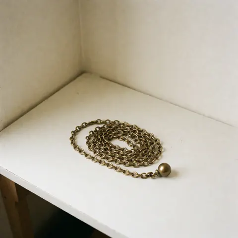 Chaîne en bronze avec une boule métallique posée sur un banc blanc, éclairage naturel et murs chaleureux pour la réparation de ventilateurs.