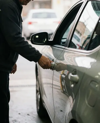Un client adulte examine attentivement la carrosserie propre et brillante de sa voiture, posant une main sur la poignée de porte pour vérifier l'absence de traces.