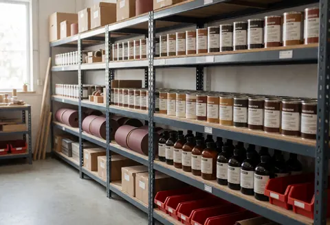 Entrepôt industriel avec des étagères métalliques chargées de vernis et de papier abrasif pour la restauration de bois, éclairé par la lumière naturelle.
