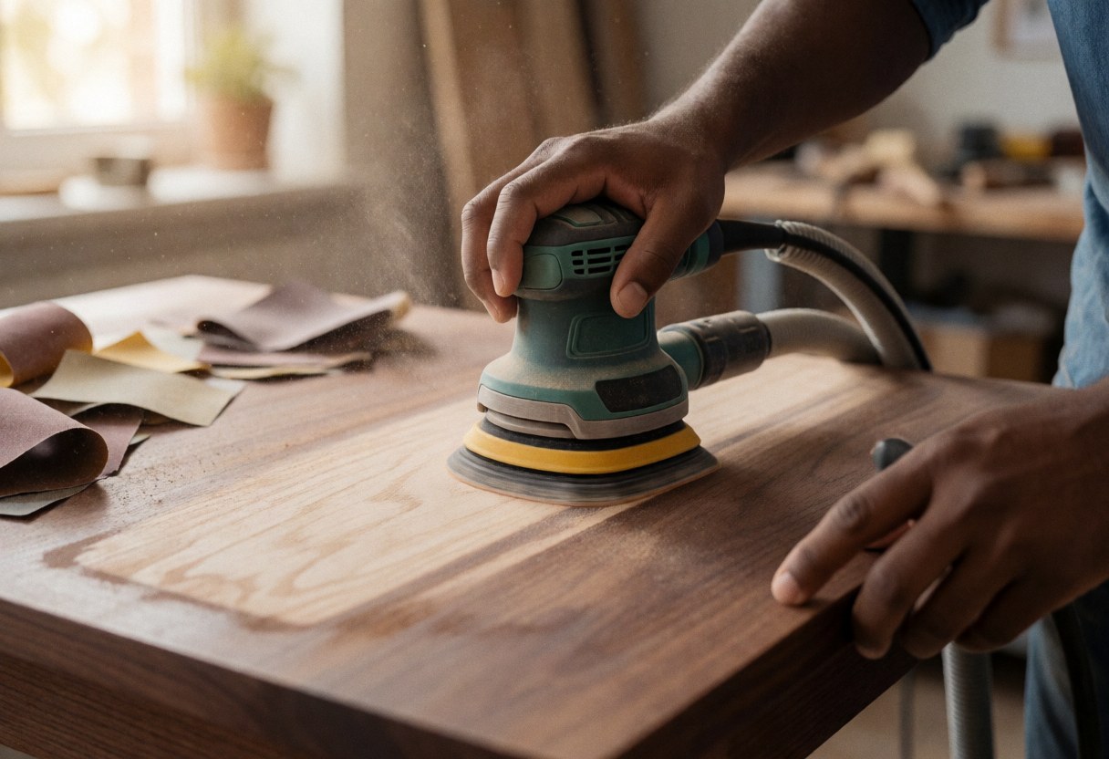Main tenant une ponceuse électrique sur une table en bois foncé, entourée de poussière de bois et d'outils dans un atelier de restauration de meubles.