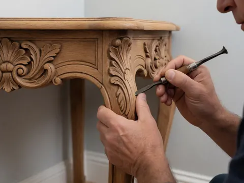 Mains travaillant avec précision au ciseau sur une table en bois ancien pour restaurer les détails, sur fond gris clair.