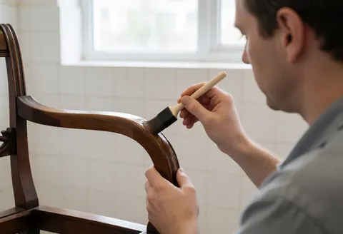 Un restaurateur applique une couche de vernis sur un meuble ancien avec un pinceau en mousse dans un atelier lumineux aux murs carrelés.