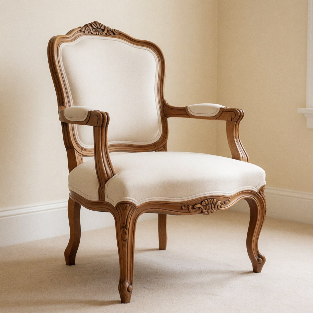 Chaise en bois sculpté et tapissée de blanc, restaurée, dans un studio avec murs beige et sol moquetté.