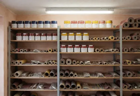 Entrepôt de restauration avec étagères remplies de vernis, papier abrasif et outils pour meubles anciens, murs en terre cuite et lumière fluorescente.