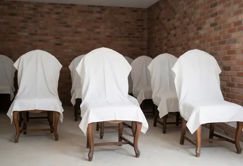 Chaises anciennes en bois recouvertes de tissu blanc dans un atelier aux murs de briques, prêtes pour la restauration.