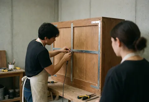 Un restaurateur insère des renforts métalliques à l'arrière d'un meuble ancien dans un atelier. Outils, murs en béton et une personne observent la réparation.