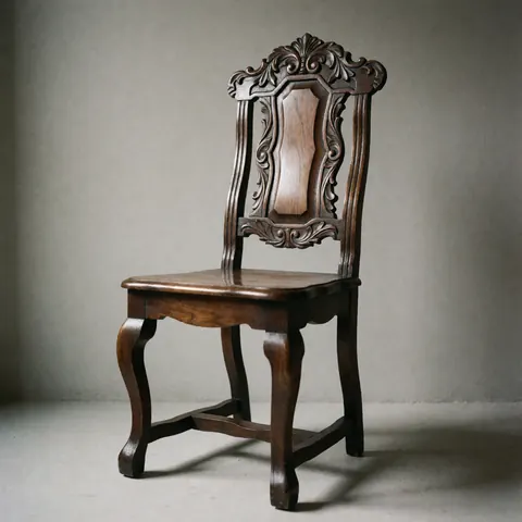 Chaise en bois restaurée avec pieds courbes et dossier sculpté sur fond gris neutre, idéale pour la réparation de meubles anciens