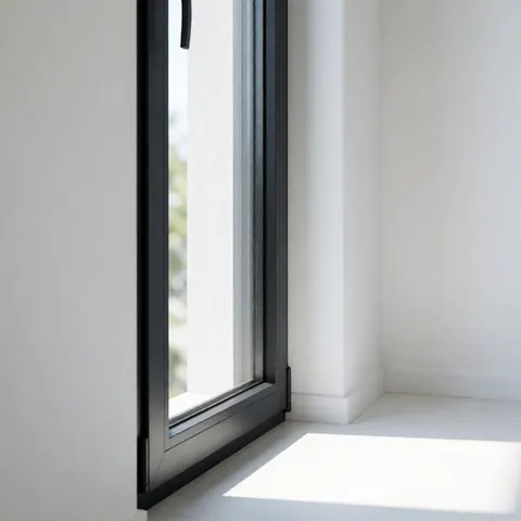 Fenêtre en aluminium à cadre noir installée sur un mur blanc. La lumière du soleil entre et projette une ombre douce au sol, révélant un design moderne et épuré.