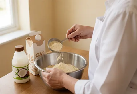 Un cuisinier ajoute de la poudre d'amande à un mélange dans un récipient métallique, avec du lait de coco et du lait d'avoine sur une table en bois.