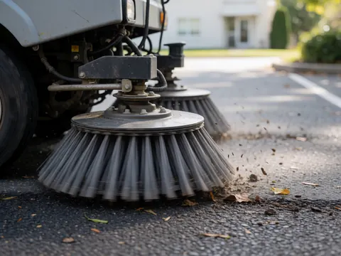 Des brosses industrielles rotatives en action, nettoyant les feuilles et la saleté de l'asphalte. Vue rapprochée du processus de maintenance des espaces publics.