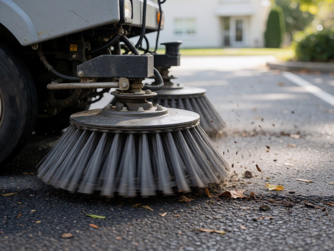 Des brosses industrielles rotatives en action, nettoyant les feuilles et la saleté de l'asphalte. Vue rapprochée du processus de maintenance des espaces publics.