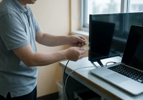 Un technicien en chemise grise branche un périphérique USB sur un téléviseur noir, avec un ordinateur portable argenté sur une table de travail éclairée par la lumière naturelle d'une fenêtre.