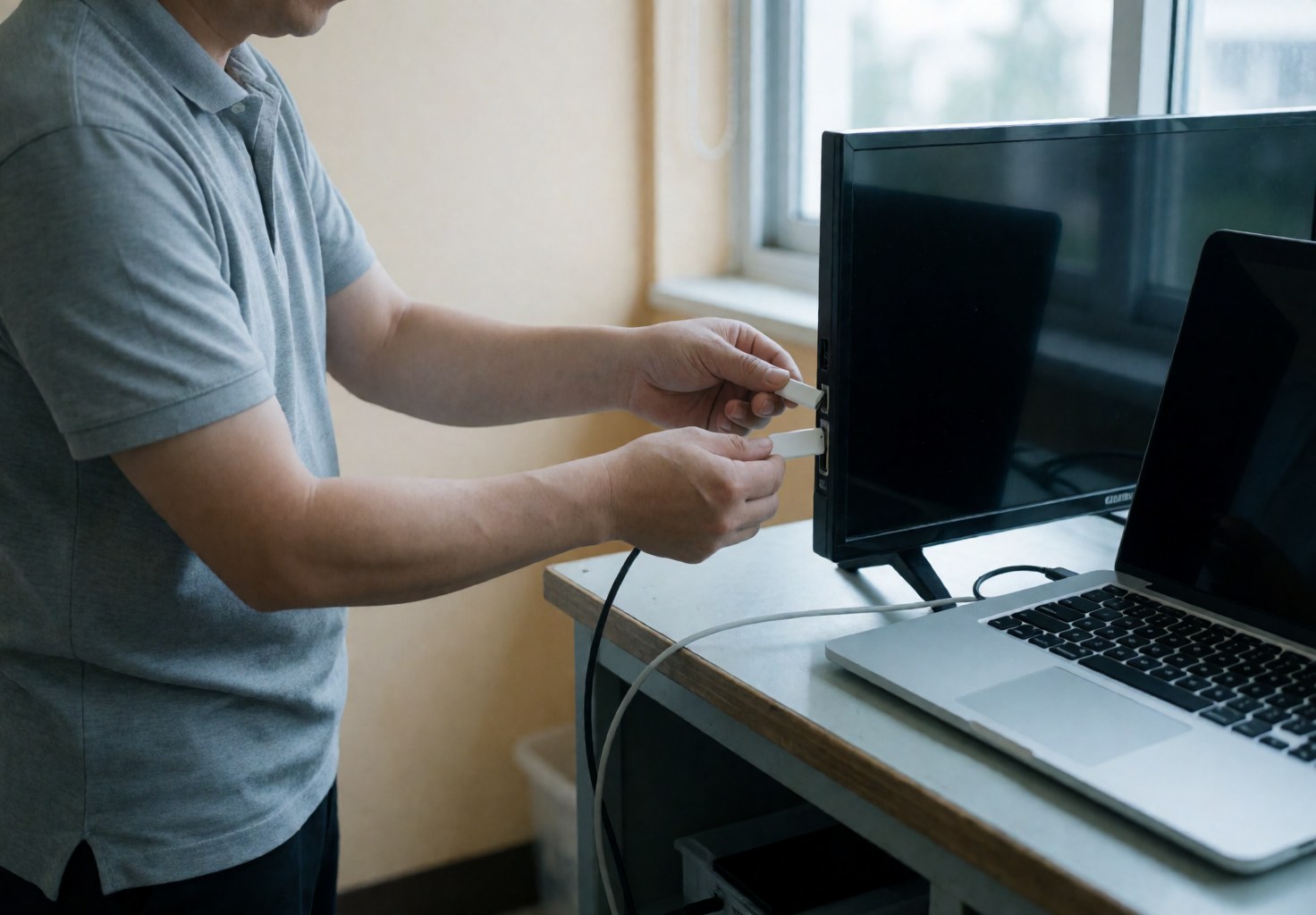 Un technicien en chemise grise branche un périphérique USB sur un téléviseur noir, avec un ordinateur portable argenté sur une table de travail éclairée par la lumière naturelle d'une fenêtre.