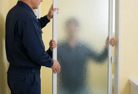Un installateur en uniforme bleu foncé monte un panneau de verre texturé sur un cadre blanc dans une salle de bain à mur jaune pâle, avec soin et précision.