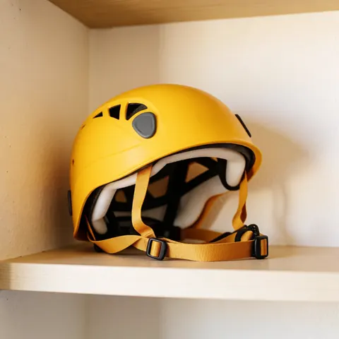 Casque de protection jaune avec sangle et doublure blanche posé sur une étagère en bois clair sous un éclairage chaleureux pour un entraînement sécurisé.