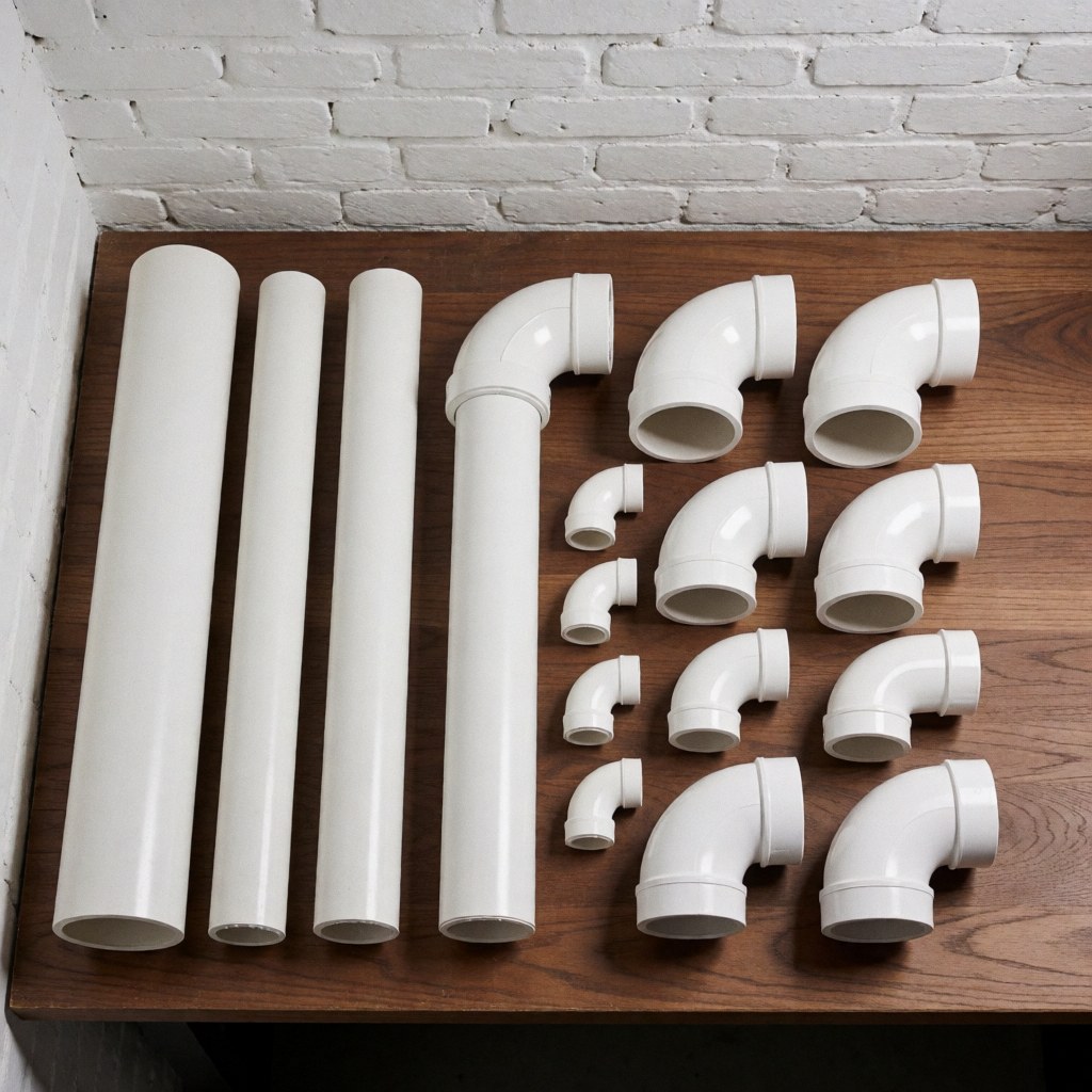 Des tuyaux et des coudes en PVC blanc sont disposés sur une table en bois devant un mur de briques blanches, servant de matériaux pour l'installation de piscines.
