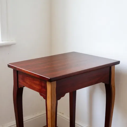 Table ancienne en bois aux pieds courbes et au fini brillant, posée dans un studio de restauration avec murs blancs et lumière naturelle.