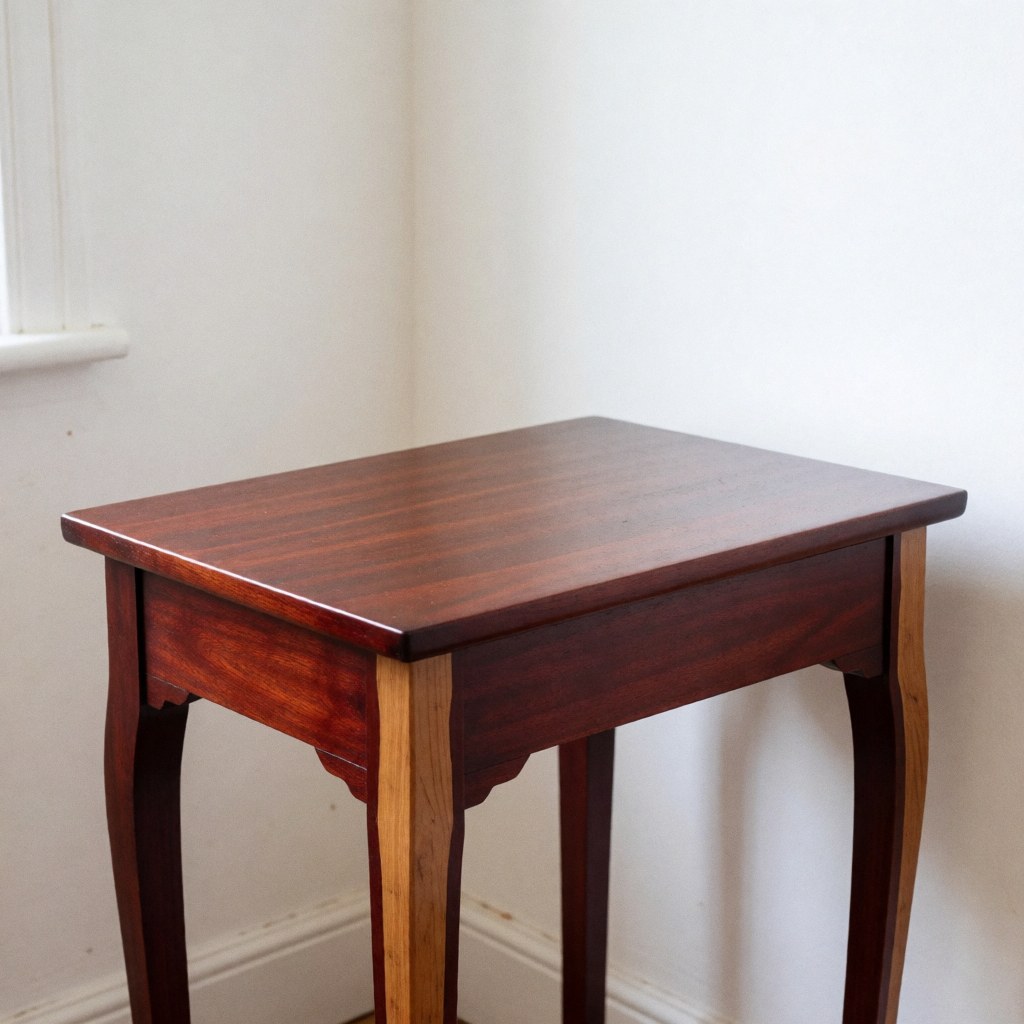 Table ancienne en bois aux pieds courbes et au fini brillant, posée dans un studio de restauration avec murs blancs et lumière naturelle.
