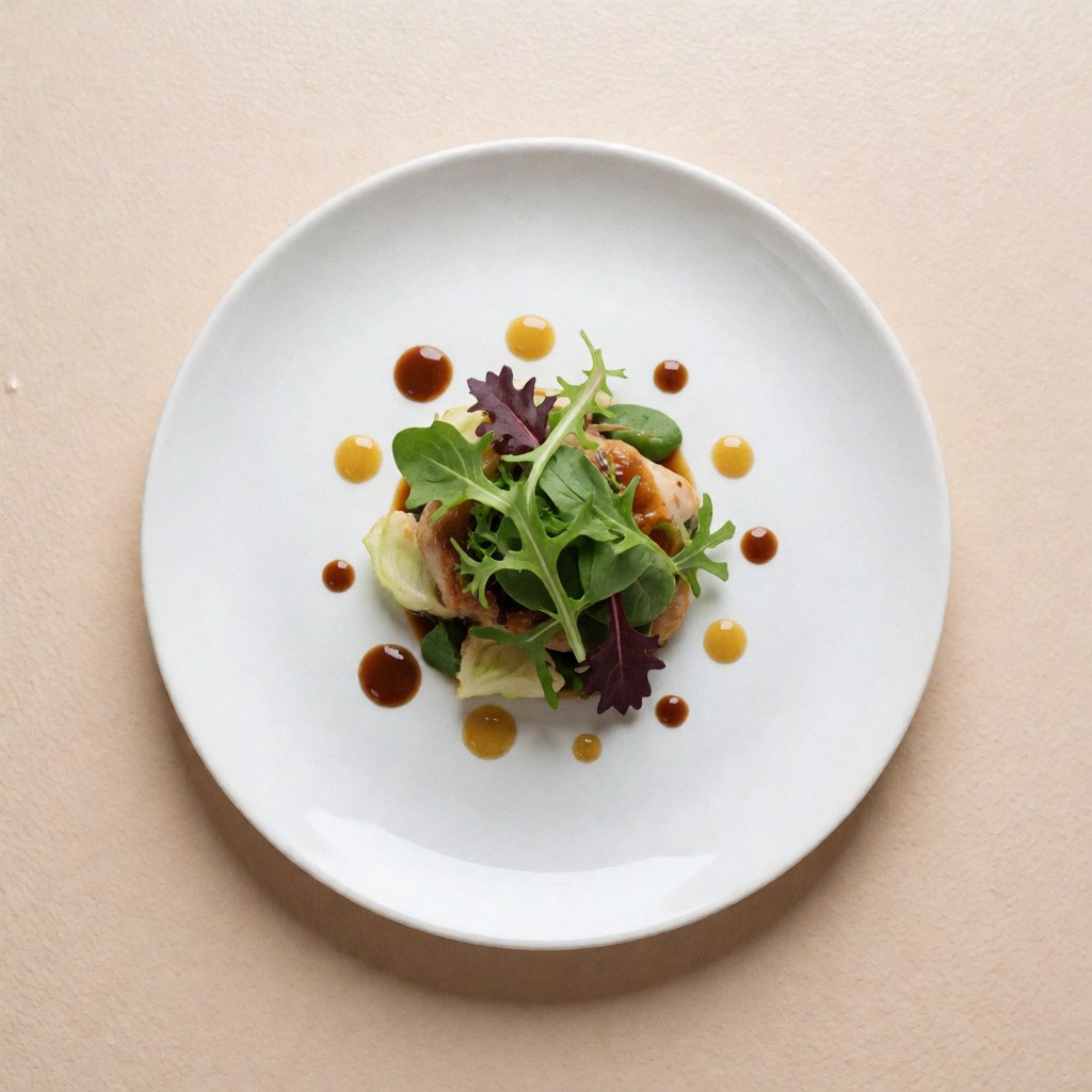 Assiette blanche contenant une salade verte accompagnée d'une sauce marron et jaune sur un fond beige doux.