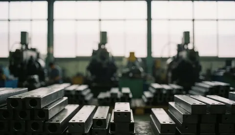 Arrière-plan industriel flou montrant des pièces métalliques empilées et de la machinerie en arrière-plan, adapté pour du texte commercial sur les services d'estampage du métal.
