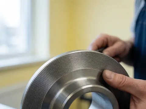 Flange métallique à texture brossée et rainures concentriques tenu par des mains devant un mur jaune éclairé par la lumière naturelle d'une fenêtre.