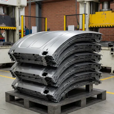 Pile de pièces de carrosserie en acier estampé sur palette dans une usine avec des presses industrielles et des murs en briques rouges en arrière-plan.