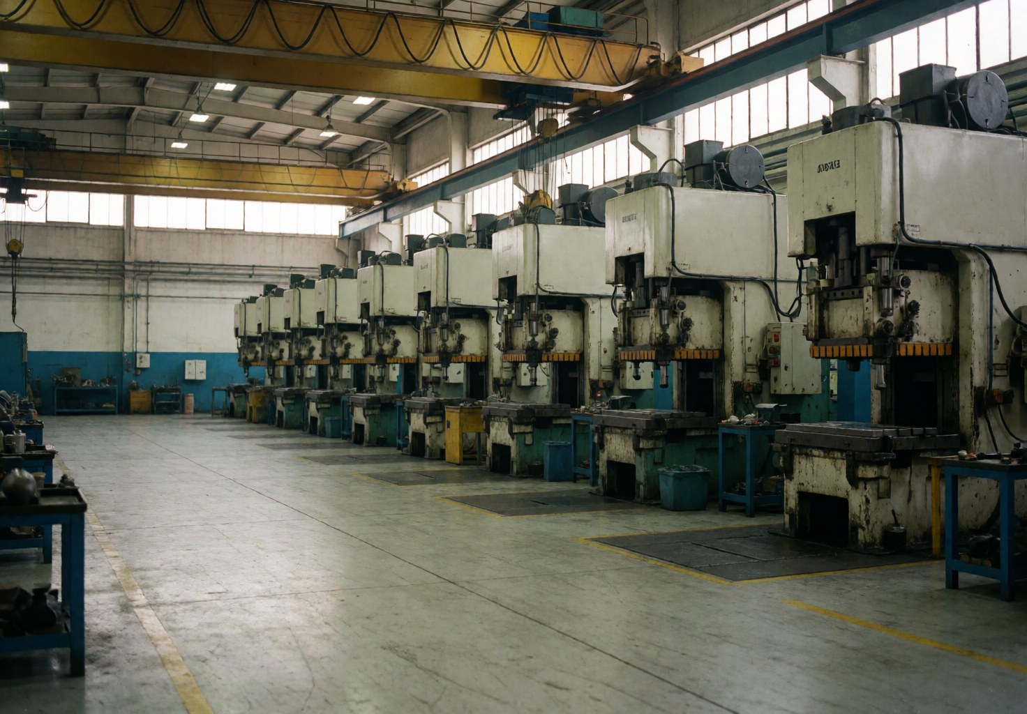 Atelier de poinçonnage métallique avec des presses alignées, des grues jaunes et un sol en béton. Espace vaste, propre et bien éclairé par des fenêtres hautes.