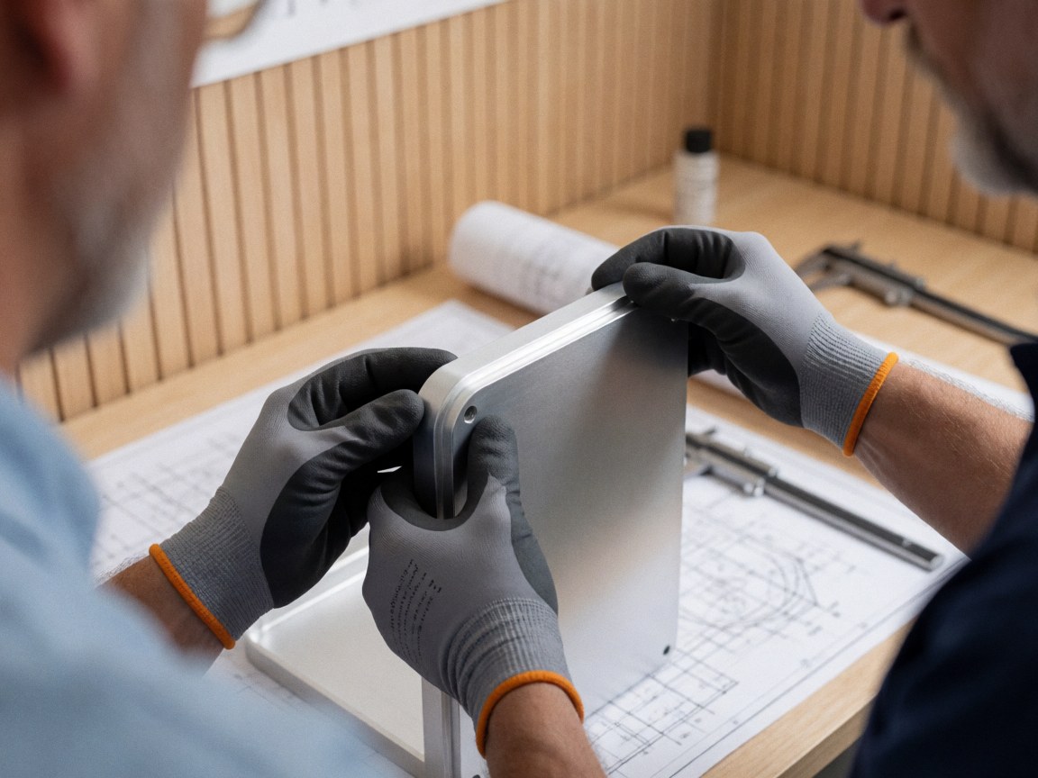 Des mains portant des gants de protection examinent attentivement le bord d'une boîte en métal posée sur des plans techniques, avec des pieds à coulisse en arrière-plan dans un atelier de fabrication.