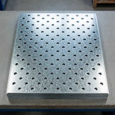 Empilement ordonné de feuilles galvanisées percées de trous circulaires sur un établi industriel avec des reflets lumineux.