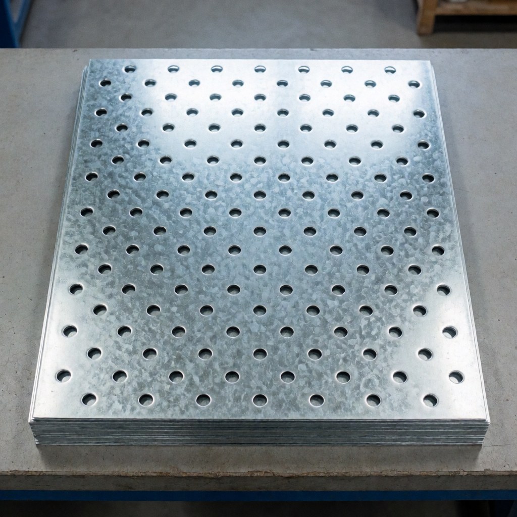 Empilement ordonné de feuilles galvanisées percées de trous circulaires sur un établi industriel avec des reflets lumineux.