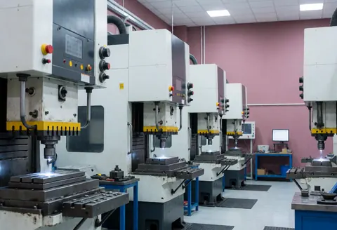 Intérieur d'une usine de poinçonnage avec de grandes machines industrielles brillantes, des murs roses et un sol propre.