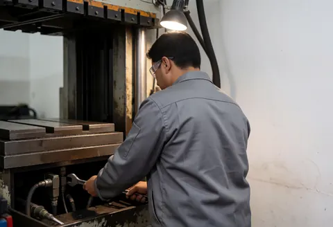 Un technicien portant des lunettes de sécurité ajuste un tuyau sous une presse hydraulique industrielle dans un atelier avec outils et lumière.