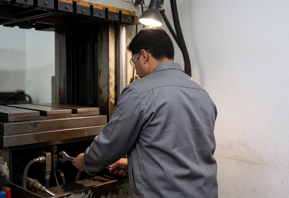 Un technicien portant des lunettes de sécurité ajuste un tuyau sous une presse hydraulique industrielle dans un atelier avec outils et lumière.
